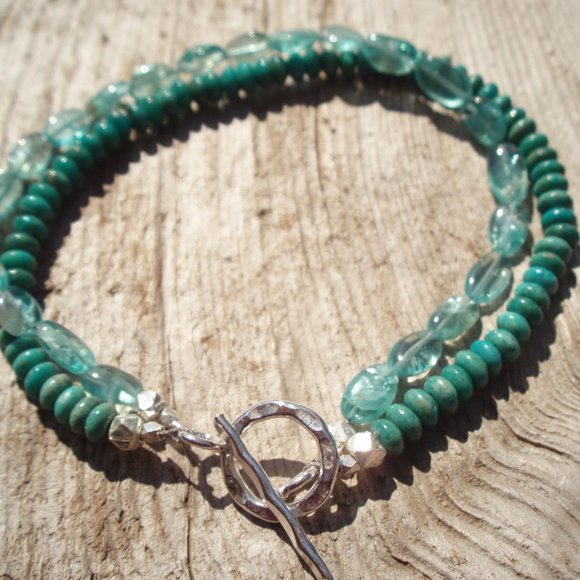 Handmade bracelets TWO DOUBLE turquoise, apatite, fine real silver - Picture 8 of 12